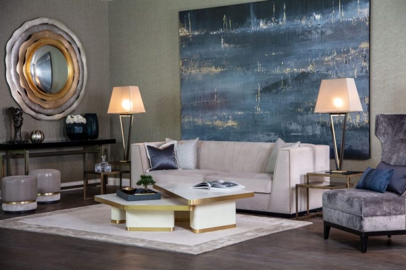 luxury living room in contemporary grey blue and gold tones
