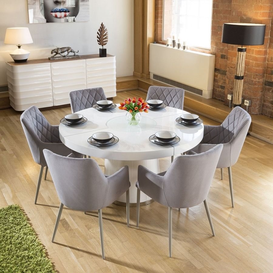 large white circular 14 dining table 6 ice grey carver