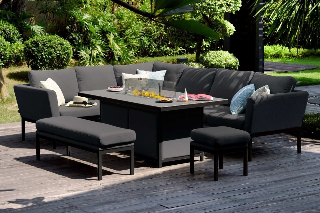 maze lounge outdoor fabric pulse rectangular corner dining set with fire pit table charcoal