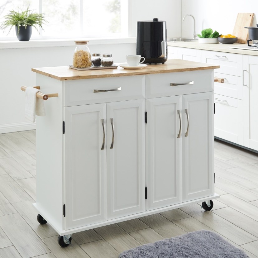 details about 36 inch rubberwood top deluxe rolling kitchen island cart with storage white
