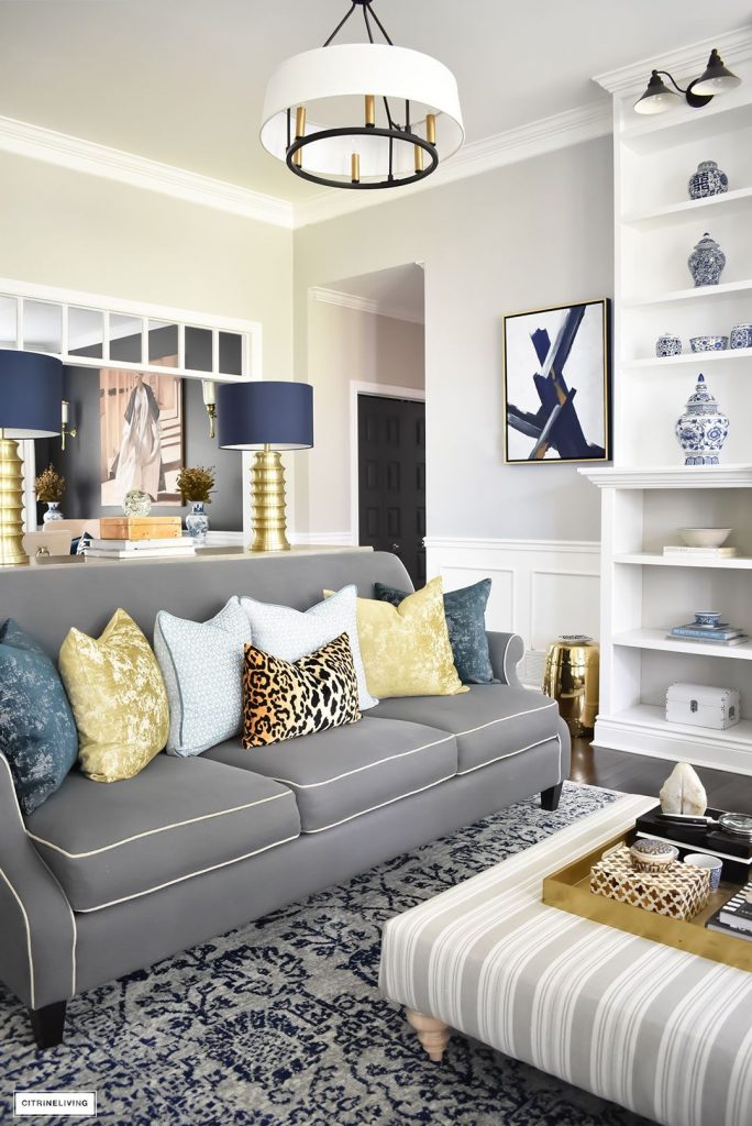 fall home tour using rich colors brass and gold blue and