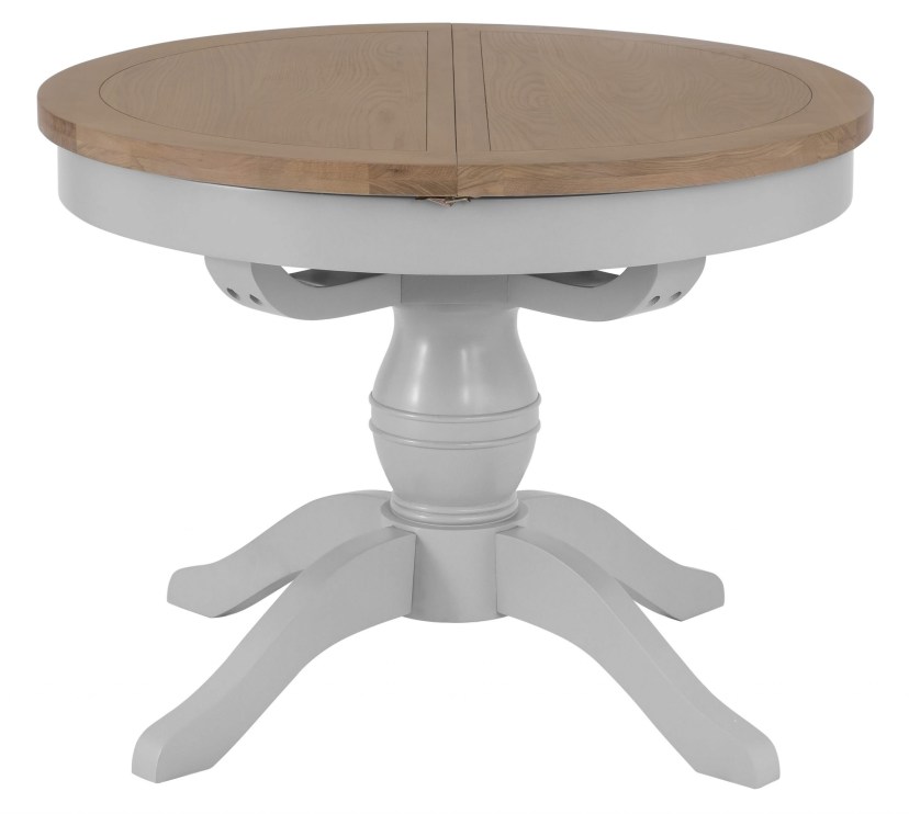 farrow grey painted 11 meter extending round oak dining table