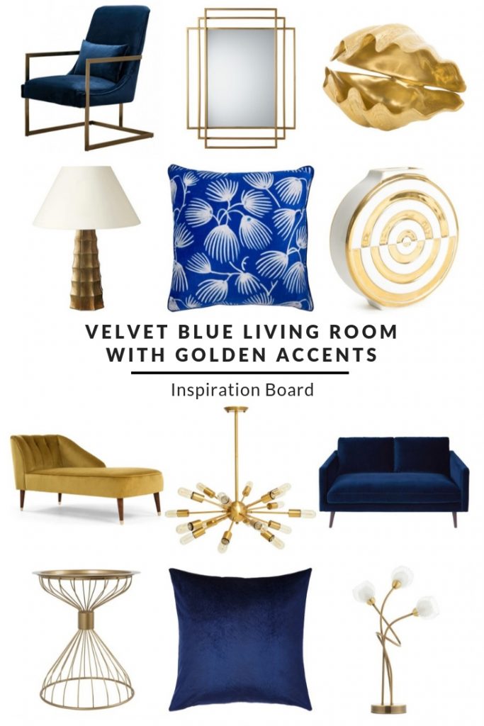 velvet blue living room with golden accents inspiration
