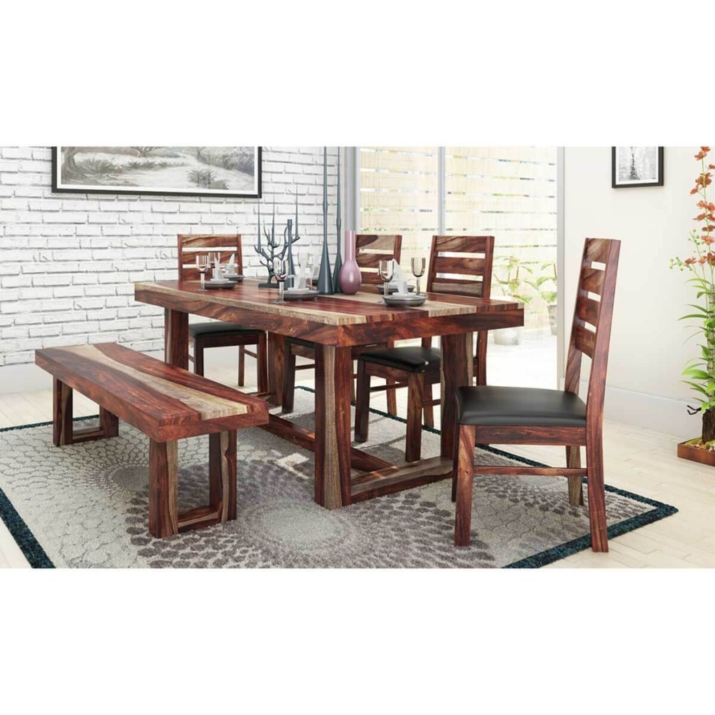 galveston rustic solid wood 6 piece dining table chair set with bench