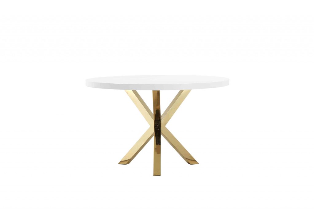 remi white lacquer dining table with gold base