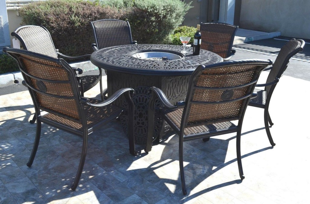 cast aluminum wicker furniture patio 7pc fire pit dining set with round table