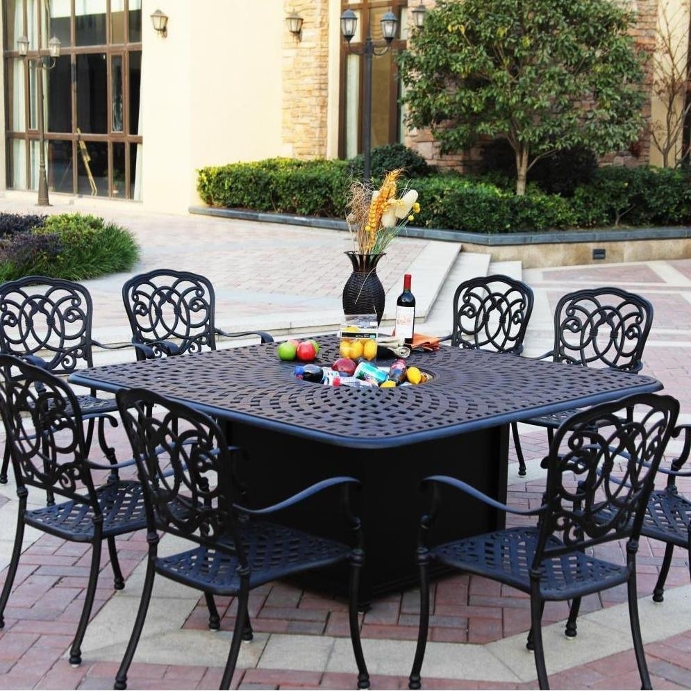 darlee florence 9 piece cast aluminum patio fire pit dining set dining table with ice bucket insert antique bronze