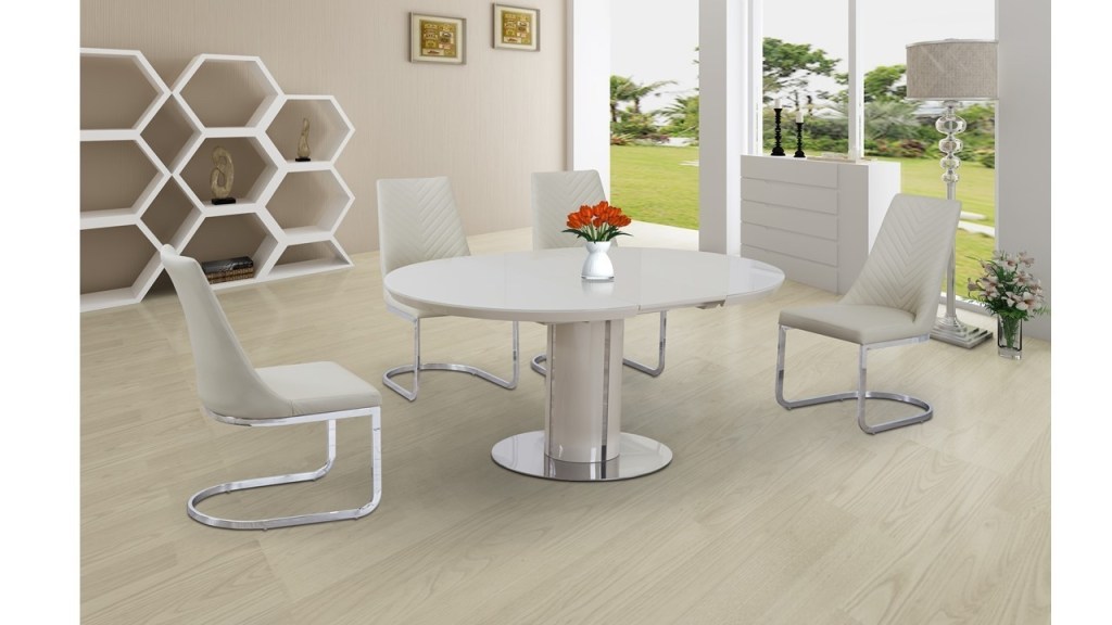 extending round cream glass high gloss dining table and 6