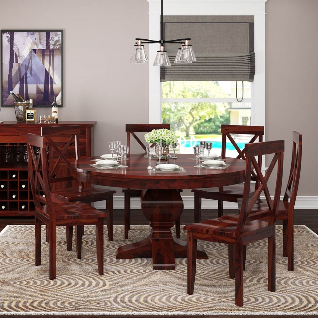 missouri solid wood round pedestal dining table with 6 chairs set