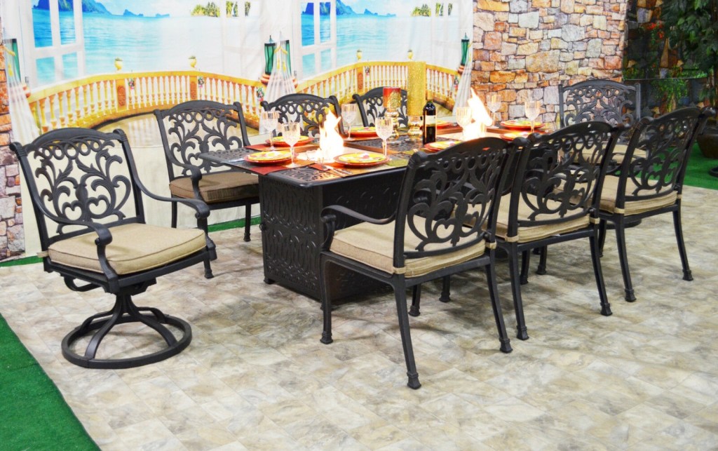 patio dining table with built in fire pit 9 piece set outdoor furniture