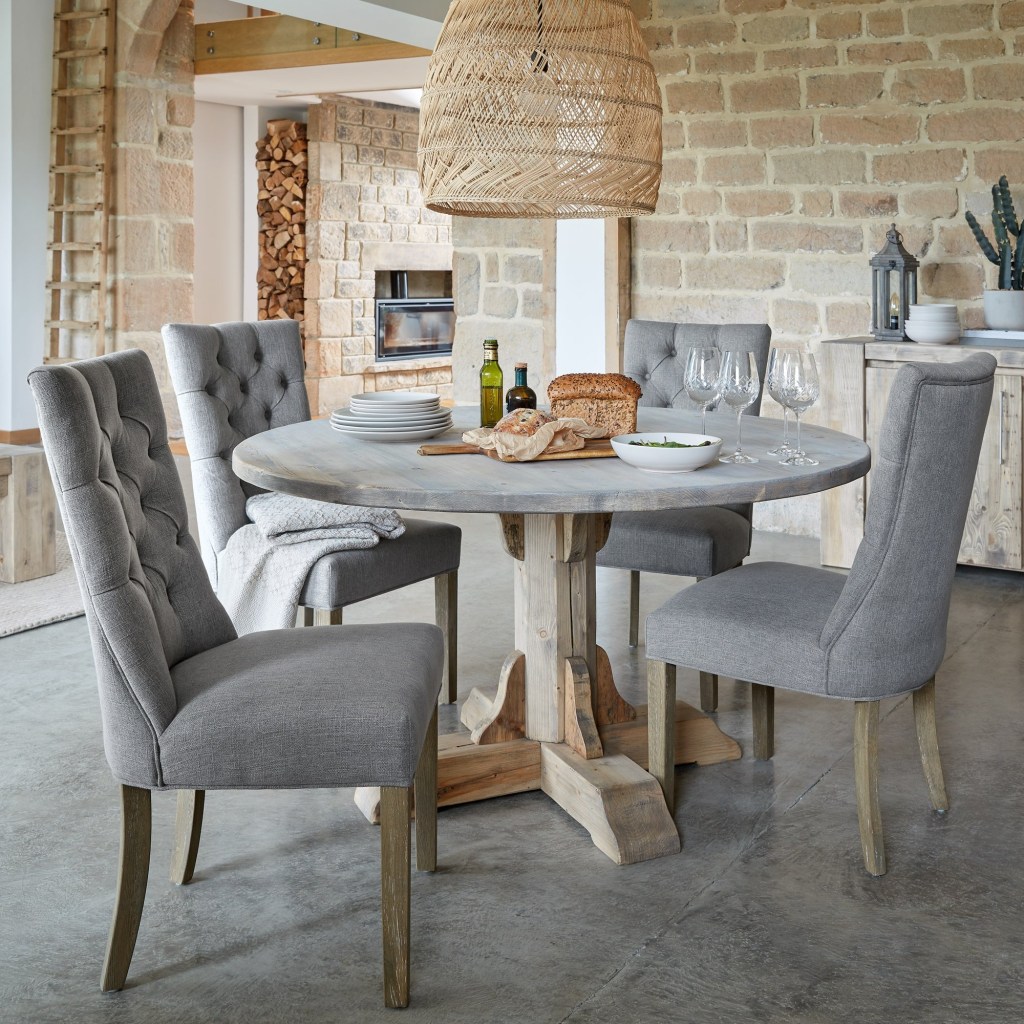 sienna 140cm round reclaimed wood dining table 4 grenada chairs