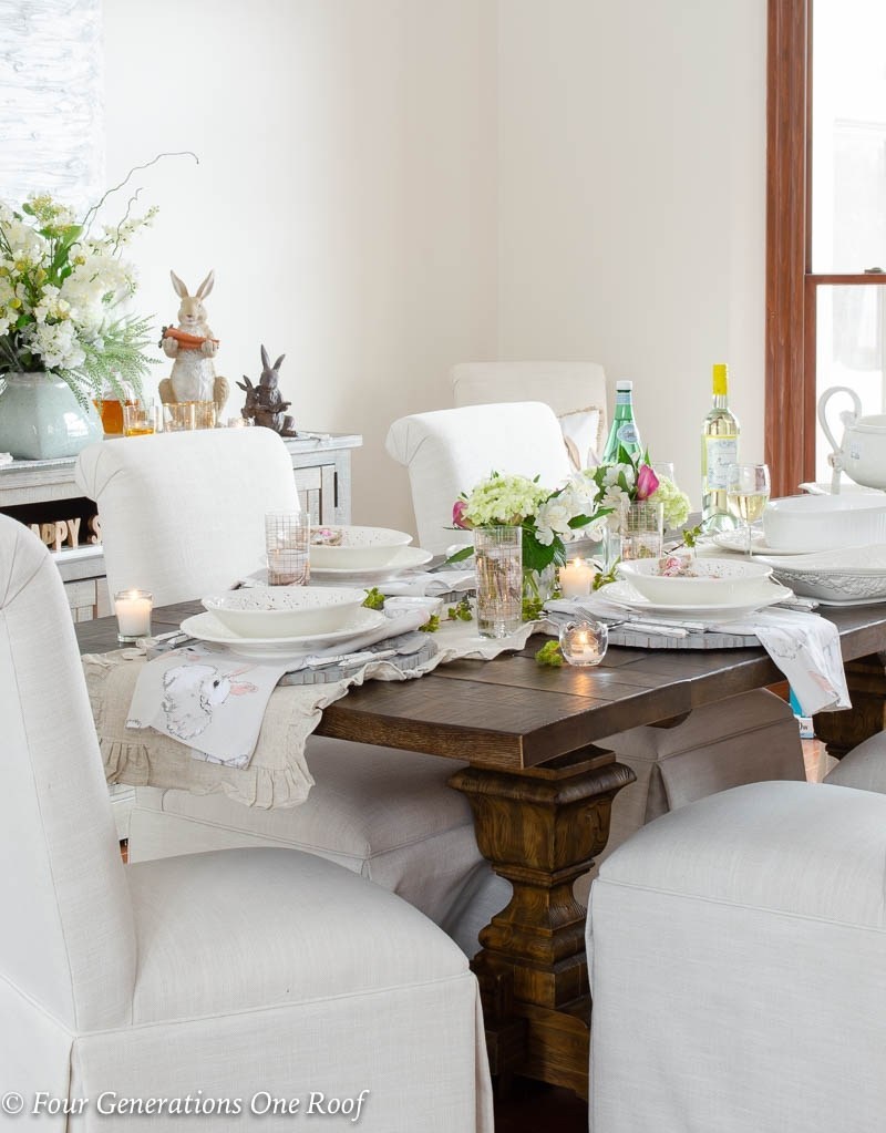 a rustic modern easter dining room with wooden bunnies