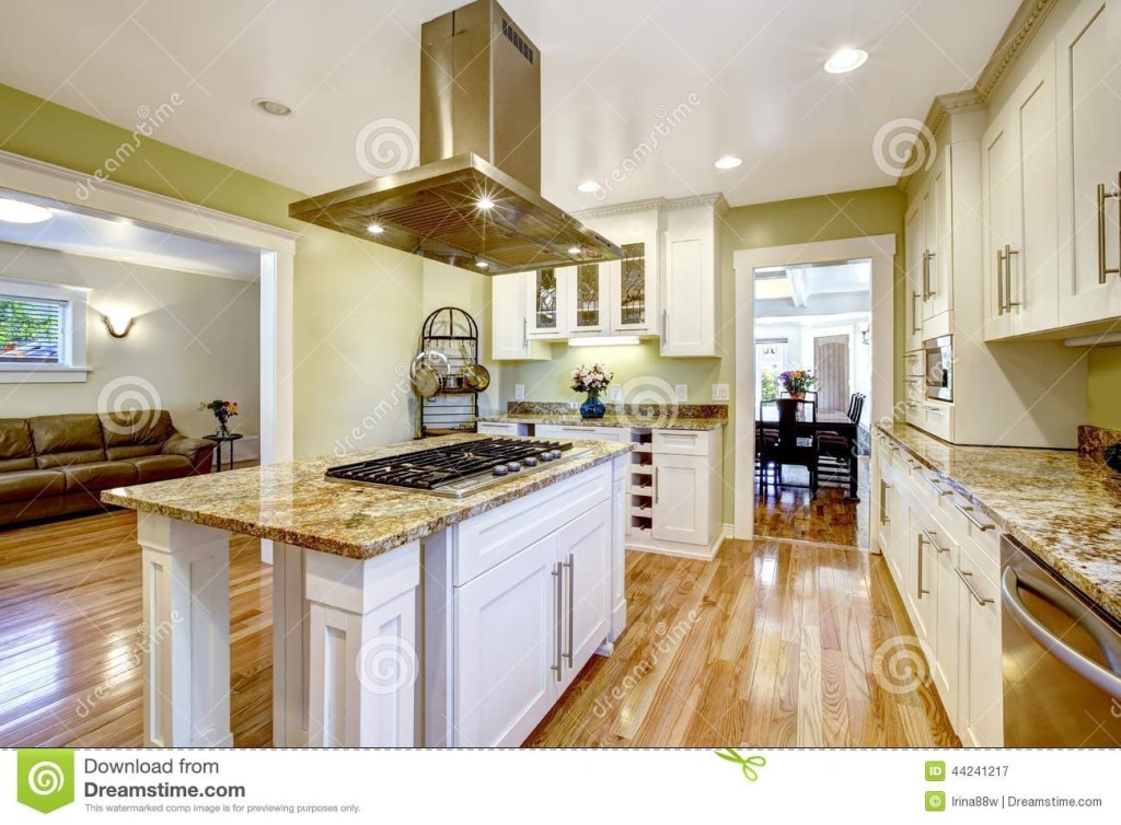 kitchen island with built in stove granite top and hood