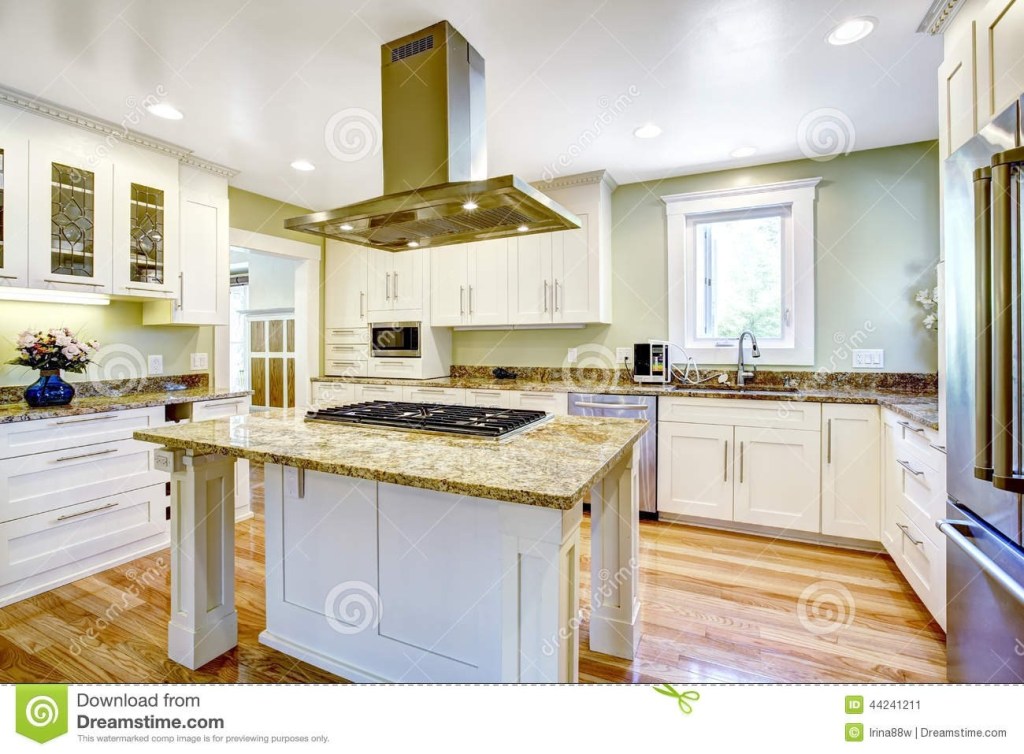 kitchen island with built in stove granite top and hood