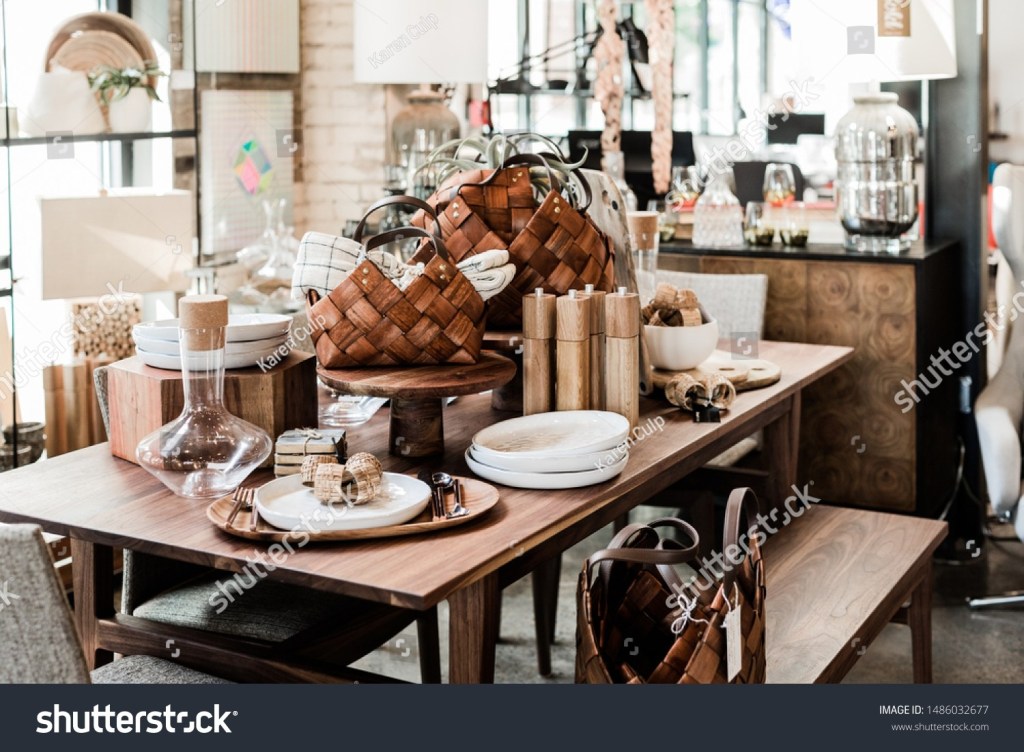 wooden table modern home goods unique objects stock image