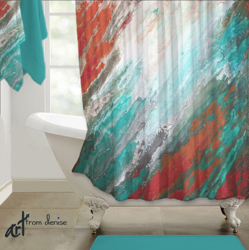 abstract shower curtain teal aqua coral gray home decor