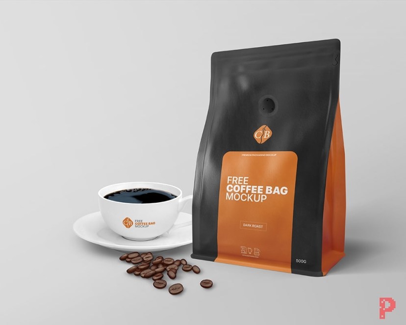 coffee bag and cup packaging branding mockup free