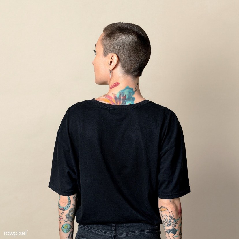 download premium psd of model with tattoo in black t shirt