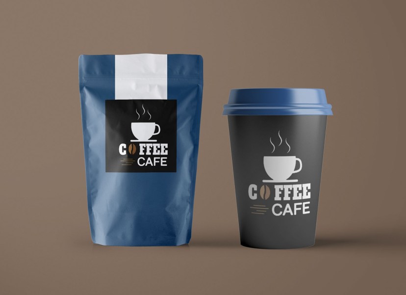 free paper pouch coffee bag cup packaging mockup psd