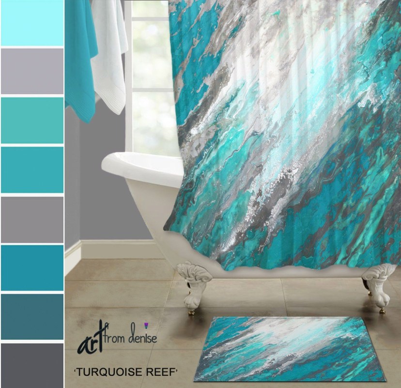 gray and teal shower curtain and bath rug sets modern