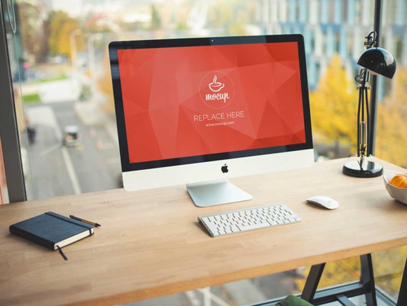 office desk psd mockup with downtown street view psd mockups